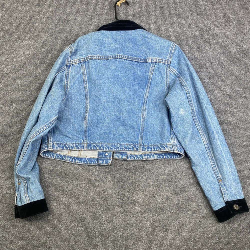 Vintage Lee Cropped Denim Jacket Womens Medium Light Wash Velvet Collar USA Made - Picture 12 of 14